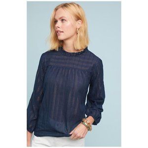 Maeve by Anthropologie Navy Sheer Pintuck Long-Sleeve Blouse